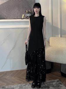 French Elegant Sequin Mesh Splice Dress Women Summer Design round Neck Sleeveless Slim Long Skirt Polyester High Waist A-Line Dress