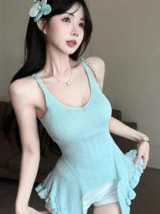 เสื้อกั๊กสายเดี่ยวไม่มีแขนสไตล์ใหม่สำหรับผู้หญิงในช่วงฤดูร้อน ทรงเข้ารูป กระโปรงสั้น สไตล์หวาน ไม่ซ้ำใคร เสื้อตัวบนสุดเท่