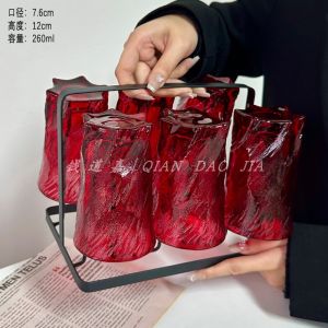 Retro Red High-End Ice Blue Glass Cup Holder Set Heat Resistant for Home Use And Guests Tea Cups Water Cups Glassware Set