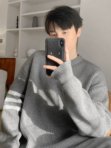 Red Knitted Sweater Mens Winter Fashion Brand High-End Feel Three Bars Vintage American Style Loose Fit Breathable Thickened