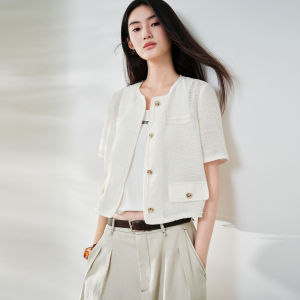 PEACEBIRD | Early Autumn French Style Round Neck Short White Elegant Blazer