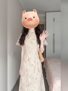 New Chinese Style Heavy Embroidery Print Cheongsam Dress Women Summer Young High Waist Long Skirt A-Line Silhouette Short Sleeve