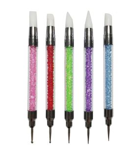 ชุดแปรงแต่งเล็บ 5 ชิ้น แปรงซิลิโคนสองหัวสำหรับปั้นตกแต่ง พร้อมด้ามจับประดับเพชร สำหรับงานเจล ปั้น และแต่งลายจุด