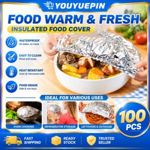 【Local Stock】YOUYUEPIN 100pcs Elastic Rim Foil Food Covers Keep Warm Longer Fits Most Bowls Plates Dishes Microwave Safe Disposable Kitchen Gadget