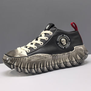 Fashionable Thick Bottom Casual Shoes for Men Spring Season Hip Hop Style Drip Glue Leather Dad Shoes Breathable round Toe