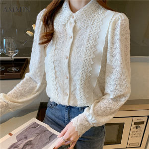 AMMIN new doll collar pleated agaric lace shirt Korean fashion temperament retro bubble sleeve temperament embroidered lace Tops