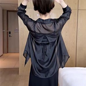 Sun Protection Silk Chiffon Shirt Womens Thin Outerwear Summer New Style Open Cardigan with Sling Skirt Long Sleeve Top