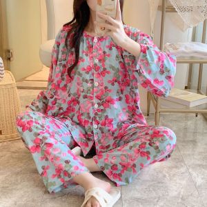 New Cotton Silk Sleepwear Women Summer Artificial Cotton Air Conditioned Home Clothes Spring Autumn Long Sleeve Large Size Cotton Silk Set