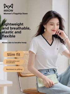 MiiOW | Slim Fit Cooling Short Sleeve T-Shirt Womens V-Neck Half Sleeve Catman Laisai Summer New Style MiiOW Daily Wear T-Shirt