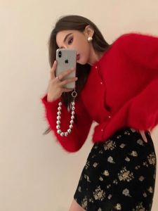 Fancy Mink Fur Red Sweater Womens Autumn Winter Retro Pearl Buckle Knitting Cardigan Outwear New Year Christmas Wear