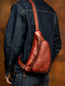 Mantime Handmade Leather Chest Bag Casual Crossbody Bag Vintage Style Tanned Cowhide Sports Backpack for Men And Women