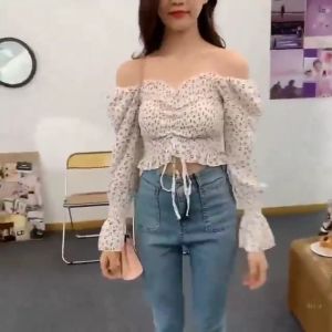 ผู้หญิงเสื้อบาง เสื้อเชิ้ตแขนยาวผ้าพัฟ เสื้อชีฟองลายดอก เสื้อครอปเบาสบายสไตล์ลำลอง