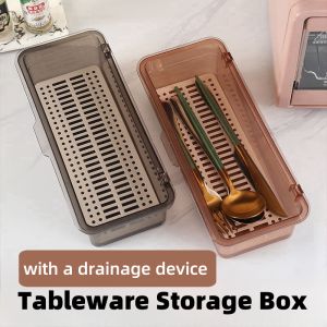 Kitchen Tableware Spoon Fork Drainer Box with Lid Dustproof Cutlery Container Cosmetics Brush Organizer