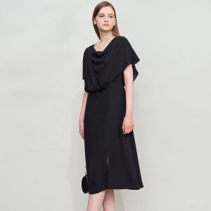 AMII | Summer Simple Commuter Elegance Pure Color Asymmetrical Design Draped Collar Fit Mid-Length Dress