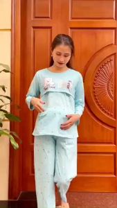 Bộ bầu sau sinh dài tay cotton lật ngực cho bé bú quần có chun chỉnh bụng cho mẹ áo lật vạt ti từ 40-68kg