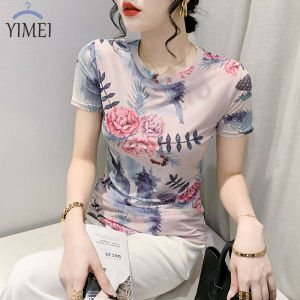 Yimei tay ngắn áo thun lưới cổ tròn gạc 2023 Áo Thun Nữ Quảng châu thời trang mùa hè Áo in ôm vừa thời trang và xinh đẹp