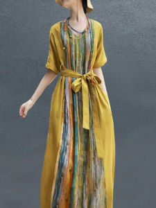 Cotton Linen Ethnic Style Long Travel Dress 2025 New Stripe Slimming Waist Belted Artistic Robe A-Line Skirt Short Sleeve