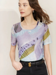 AMII | Artistic Abstract Print Top Transparent Lace