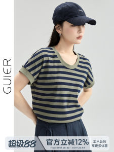 Guier Womens Knitted Short Sleeve T-shirt Summer Loose Fit round Neck Chic Korean Style Top Striped Pattern Regular Thickness