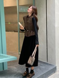 Hebe Style Two-Piece Set Womens Dress Autumn Season Natural Waist A-Line Skirt Long Sleeve round Neck Daily Wear Chinese Production