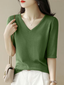 Loose Green Knitted Sweater V-Neck Five-Quarter Sleeve Womens Casual Top Korean Style Commute Fashion AZET Brand