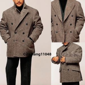 Áo Blazer Nam Dáng Ôm Chất Liệu Tweed Kẻ Xương Cá Kiểu Dáng Lịch Sự Vest Công Sở Áo Khoác Vest Hai Hàng Khuy Vest Chú Rể Áo Khoác Ngoài