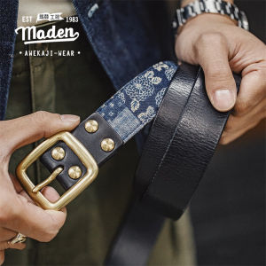 แบรนด์ MADEN สไตล์เวิร์คแวร์สำหรับผู้ชายผ้าโบราณเยาวชนพิมพ์ลายร้อยครอบครัวเข็มขัดวินเทจหัวเข็มขัดเข็มหนังวัวสายรัดสีแทนทันสมัย