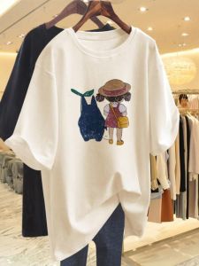 YILU | 100% Cotton Oversized Loose Bottom Covering Mid-Length Short Sleeve T-Shirt for Plus Size Women