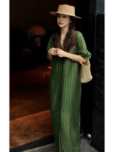 Stunning Green Linen Dress Autumn Winter Simple High Intelligence Sensation Luxury Feel Beautiful Skirt Elegant High Waist A-Line Dress