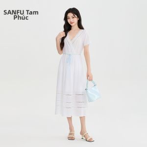 SANFU | Đầm Dài Vải Lin Mô Phỏng Thêu Ren Cổ V Đai Dây