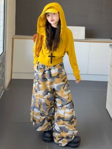 MPW | Girls Camouflage Workwear Wide Leg Pants Two-Piece Set Autumn Fashion Korean Style Childrens Clothing Middle Big Kids Outfit