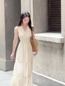 Homecore | Váy dài chữ A cạp cao cổ chữ V hở lưng mùa hè cho nữ Váy midi thường ngày bằng vải polyester và viscose