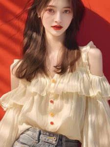 Womens Loose Fit Long Sleeve Chiffon Shirt Shoulder Bared Design Lace Trim Casual Style Thin Material V Neck Open Cardigan