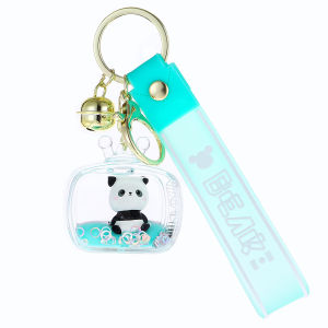 Oil filled acrylic floating figurine panda keychain exquisite quicksand keychain bag pendant
