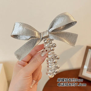 Korean Style Silver Bowknot Hair Ring Beads Telephone Line Head Rope Tie Ponytail Hair String Sweet Bubble Braid Hair Rope Headdress
