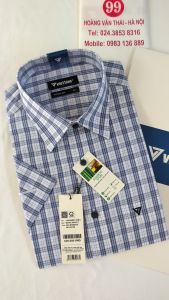 [Việt Tiến] Áo Sơ Mi Ngắn Tay - Regular (Suông) - Vạt Vuông -Kẻ ô xanh navy trên nền trắng