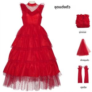 Lydia Deetz ชุดเดรสสำหรับงานแต่งงานของผู้หญิง ชุดเดรสผ้าพันคอชุดเสื้อผ้าฮาโลวีนสีแดงสไตล์โกธิคพร้อมผ้าคลุมหน้าเจ้าสาวลายด้วง