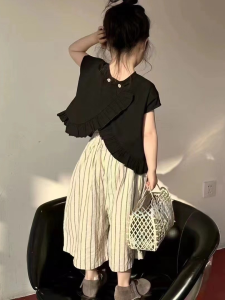 Cute Girls Summer Outfit Cotton Blend Doll Shirt with Lace Wide Leg Pants Two Piece Set Fashionable Child Clothing