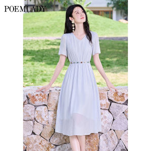 POEMLADY | Stylish V-Neck Loose Waist Blue Summer Dress