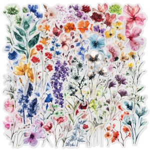 Waterproof Transparent Floral Ink Stickers 50 Pcs Luggage Notebook Phone Case Decorations Simple Style Digital Accessories