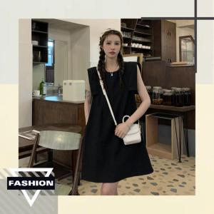 QDshop ชุดมินิเดรสคอกลมแขนกุด สีพื้นไม่แต่งลายสุภาพ สวมใส่ได้ทุกโอกาส