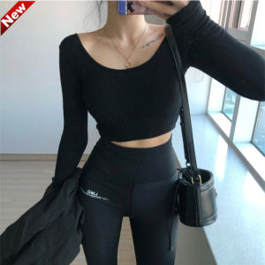 Lisa Same Jazz Dance Midriff-Baring Long Sleeve Tops Ins Super-Hot Short round-Neck High Waist Pure Cotton Tight T-shirt