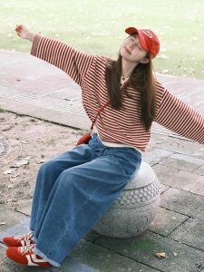 Red Knitted Loose Fit round Neck Sweater Womens Autumn Winter Fashion Lazy Style High End Feeling Color Block Striped Top