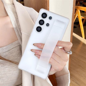 Luxury Matte Elastic Silicone Wrist Strap Phone Case For Samsung S25 S24 S23 Ultra S25 Plus Hard PC Clear Shockproof Back Cover