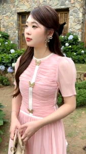 QC_ Đầm nàng thơ đi tiệc dáng dài nhún cổ tròn tay bồng chất Tơ Xốp phối viền kèm phụ kiện