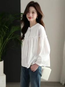 AMMIN Korean Style Sweet Lotus Leaf Stitching Single-Breasted Striped Shirt Womens Long Sleeve 2024 Autumn round Neck Design Elegant Blouse