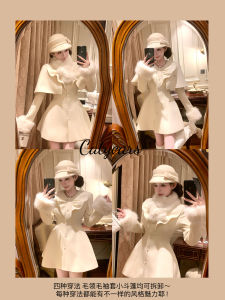 Catyears 2025 ฤดูหนาว หวาน ชุดเดรสยาวคลุมเข่า แขนยาว กระดุมเดียว คอตั้ง ผ้าขนสัตว์ ทรงเข้ารูป สำหรับผู้หญิง