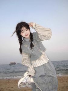 New Chinese Style Chinese Style Suit Skirt Womens Autumn and Winter Improvement Han Elements Denim Vest Stripes Shirt Skirt Three-Piece Set