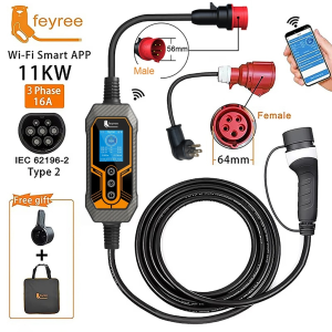 feyree Portable EV Charger Type2 32A 7KW 16A 11KW 3 Phase EVSE Wi-Fi APP Control Adjustable Current Smart Timing Charging for Home & Outdoor Use