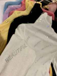 Slim Fit Knitted Base Shirt with Rhinestone Letters High Collar Long Sleeve Womens Fashionable Inner Wear Top for Autumn 2025